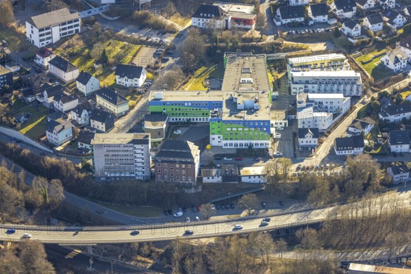 Aerial view, GFO Kliniken Südwestfalen - St. Josefs-Hospital Lennestadt Allgemeinkrankenhaus und Hospiz zur Heiligen Elisabeth e.V., Altenhundem, Lennestadt, Sauerland, North Rhine-Westphalia, Germany, education, educational institution, DE, Europe, healthcare, hospital, clinic, clinic centre, hospital, teaching institute, aerial view, aerial photography, aerial photography, medical facility, medical aid, school, overview, bird's eye view, birds-eyes view, overview, medical care