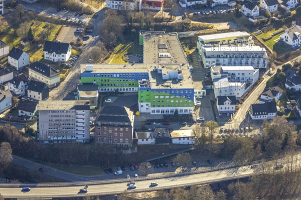 Aerial view, GFO Kliniken Südwestfalen - St. Josefs-Hospital Lennestadt Allgemeinkrankenhaus und Hospiz zur Heiligen Elisabeth e.V., Altenhundem, Lennestadt, Sauerland, North Rhine-Westphalia, Germany, education, educational institution, DE, Europe, healthcare, hospital, clinic, clinic centre, hospital, teaching institute, aerial view, aerial photography, aerial photography, medical facility, medical aid, school, overview, bird's eye view, birds-eyes view, overview, medical care