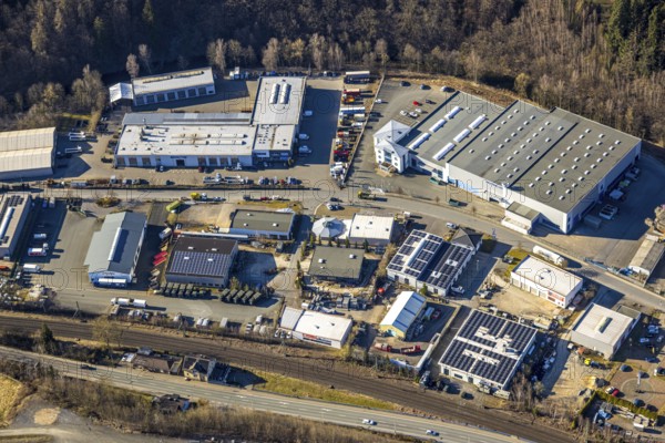 Aerial view, commercial area Zur Christinenhütte, Meggen, Lennestadt, Sauerland, North Rhine-Westphalia, Germany, DE, Europe, commercial enterprises, commercial area, commercial property, commercial site, commercial use, industrial area, industrial site, aerial photograph, aerial photography, aerial photography, overview, bird's-eye view, overview