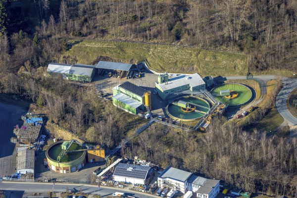 Aerial view, sewage treatment plant at the river Lenne, Meggen, Lennestadt, Sauerland, North Rhine-Westphalia, Germany, DE, Europe, aerial view, aerial photography, aerial photography, overview, bird's-eye view, overview