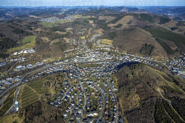 Aerial view, residential area of Meggen with wooded hilly landscape and forest damage, Meggen, Lennestadt, Sauerland, North Rhine-Westphalia, Germany, tree mortality, DE, Europe, property tax, real estate, clear-cutting, calamity areas, aerial photograph, aerial photography, aerial photography, overview, bird's eye view, forest, forest area, forest damage, forest dieback, residential area, living and living, residential area, residential quality, residential neighbourhood, residential estate, residential area, birds-eyes view, overview