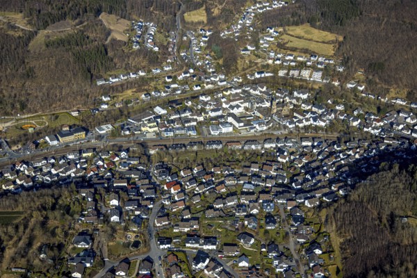 Aerial view, residential area of Meggen with wooded hilly landscape and forest damage, Meggen, Lennestadt, Sauerland, North Rhine-Westphalia, Germany, tree mortality, DE, Europe, property tax, real estate, clear-cutting, calamity areas, aerial photograph, aerial photography, aerial photography, overview, bird's eye view, forest, forest area, forest damage, forest dieback, residential area, living and living, residential area, residential quality, residential neighbourhood, residential estate, residential area, birds-eyes view, overview