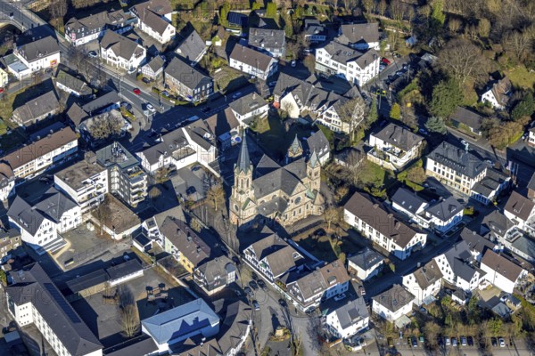 Aerial view, Church of St. Bartholomew and St. Francis Primary School, Meggen, Lennestadt, Sauerland, North Rhine-Westphalia, Germany, place of worship, education, educational institution, DE, Europe, religious community, place of worship, primary school, holy place, church, parish, denomination, educational institute, aerial view, aerial photography, aerial photography, religion, religious site, school, overview, bird's-eye view, overview