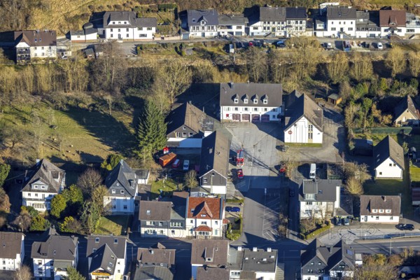 Aerial photo, fire brigade fire brigade group Meggen, Meggen, Lennestadt, Sauerland, North Rhine-Westphalia, Germany, fire fighter, fire protection, fire watch, DE, Europe, fire brigade, fire brigade, fire engine, aerial photo, aerial photography, aerial photography, rescue station, overview, bird's-eye view, overview