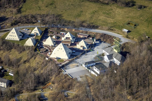 Aerial view, Galileo Park, Sauerland Pyramids, Mining Museum Siciliaschacht with winding tower, Meggen, Lennestadt, Sauerland, North Rhine-Westphalia, Germany, DE, Europe, aerial view, aerial photography, aerial photography, sight, tower, overview, bird's-eye view, overview