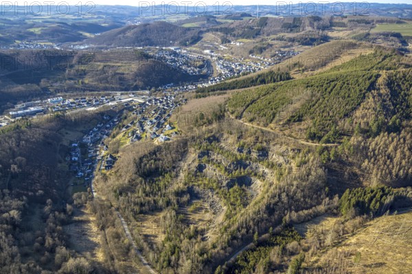 Aerial view, Faulebutter Siepen quarry, residential area hilly landscape and forest area with forest damage, Meggen, Lennestadt, Sauerland, North Rhine-Westphalia, Germany, DE, Europe, property tax, real estate, aerial view, aerial photography, aerial photography, overview, bird's-eye view, residential complex, living and living, residential area, residential quality, residential neighbourhood, housing estate, residential district, birds-eyes view, overview