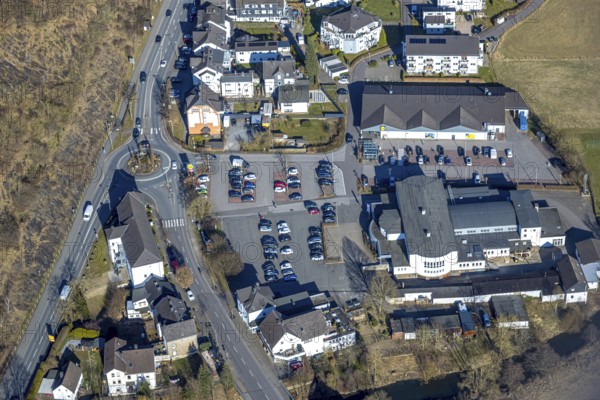 Aerial view, Sauerlandhalle venue, federal road B236 with roundabout, Altenhundem, Lennestadt, Sauerland, North Rhine-Westphalia, Germany, DE, Europe, events, culture, art, aerial photography, aerial photography, aerial photography, overview, events, venue, bird's-eye view, birds-eyes view, cultural use, overview