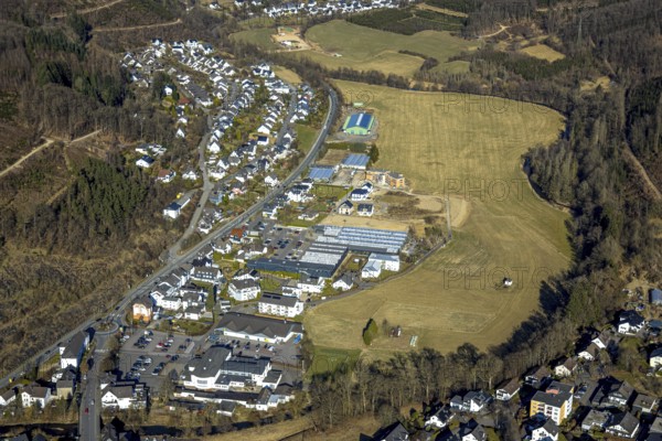Aerial view, residential area hilly landscape and forest area with forest damage, Heinsberg, Kirchhundem, Sauerland, North Rhine-Westphalia, Germany, construction work, construction area, building site, building plots, construction measure, construction project, construction site, DE, Europe, property tax, real estate, Lennestadt, aerial view, aerial photography, aerial photography, new construction, overview, bird's eye view, residential complex, living and living, residential area, residential quality, residential neighbourhood, residential estate, residential area, birds-eyes view, overview