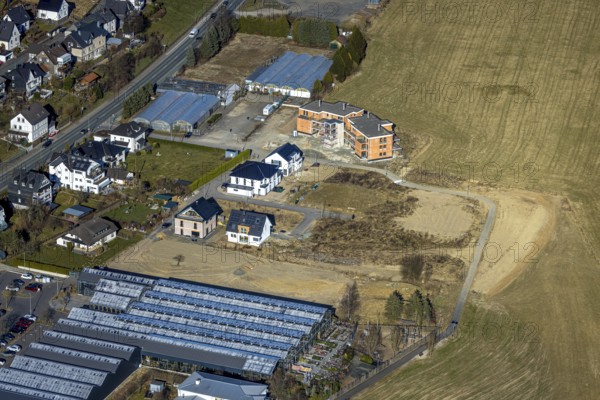 Aerial view, residential area hilly landscape and forest area with forest damage, Heinsberg, Kirchhundem, Sauerland, North Rhine-Westphalia, Germany, construction work, construction area, building site, building plots, construction measure, construction project, construction site, DE, Europe, property tax, real estate, Lennestadt, aerial view, aerial photography, aerial photography, new construction, overview, bird's eye view, residential complex, living and living, residential area, residential quality, residential neighbourhood, residential estate, residential area, birds-eyes view, overview