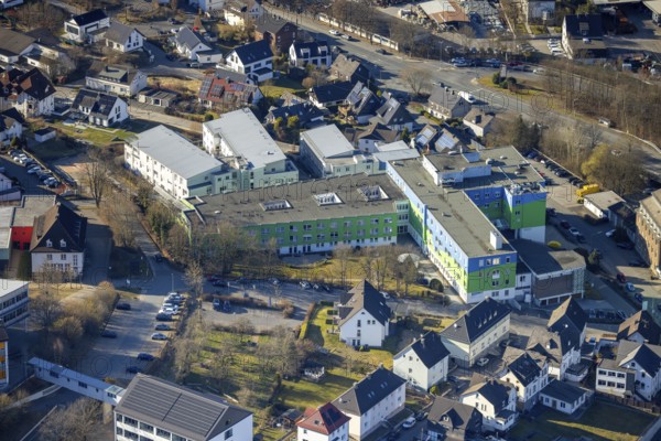 Aerial view, GFO Kliniken Südwestfalen - St. Josefs-Hospital Lennestadt Allgemeinkrankenhaus und Hospiz zur Heiligen Elisabeth e.V., Altenhundem, Lennestadt, Sauerland, North Rhine-Westphalia, Germany, education, educational institution, DE, Europe, healthcare, hospital, clinic, clinic centre, hospital, teaching institute, aerial view, aerial photography, aerial photography, medical facility, medical aid, school, overview, bird's eye view, birds-eyes view, overview, medical care