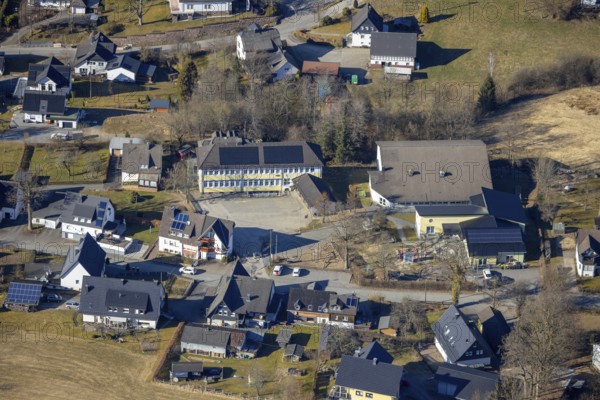 Aerial view, St. Katharina Catholic Primary School and Kindergarten Heinsberg, Kirchhundem, Sauerland, North Rhine-Westphalia, Germany, education, educational institution, DE, Europe, primary school, kindergarten, day-care centre, day-care centre, day-care centre, educational institute, Lennestadt, aerial view, aerial photography, aerial photography, school, overview, bird's-eye view, overview