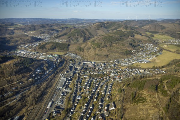 Aerial view, residential area hilly landscape and forest area with forest damage, Altenhundem railway station, Lennestadt, Sauerland, North Rhine-Westphalia, Germany, DE, Europe, property tax, real estate, aerial view, aerial photography, aerial photography, overview, bird's-eye view, residential complex, living and living, residential area, residential quality, residential neighbourhood, housing estate, residential area, birds-eyes view, overview