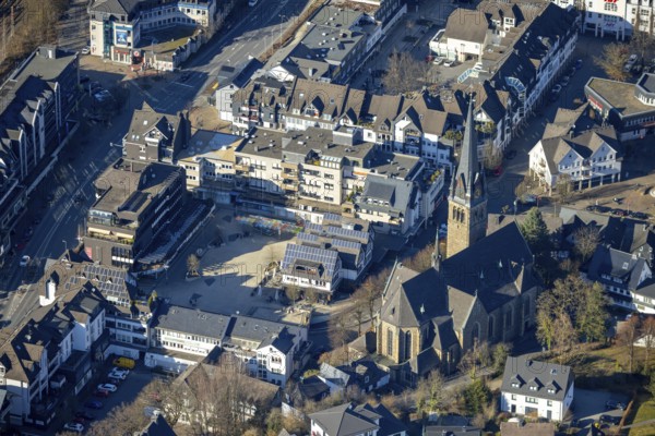 Aerial view, Church of St. Agatha and market place, Altenhundem, Lennestadt, Sauerland, North Rhine-Westphalia, Germany, place of worship, DE, Europe, religious community, place of worship, holy place, church, parish, denomination, aerial view, aerial photography, aerial photography, market place, religion, religious site, overview, bird's-eye view, birds-eyes view, overview