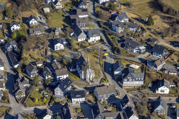 Aerial view, residential area town centre with catholic church St. Katharina Heinsberg, Kirchhundem, Sauerland, North Rhine-Westphalia, Germany, place of worship, DE, Europe, place of worship, property tax, holy place, real estate, church, parish, aerial view, aerial photography, aerial photography, religion, overview, bird's eye view, residential complex, living and life, residential area, residential quality, residential quarter, housing estate, residential area, birds-eyes view, overview