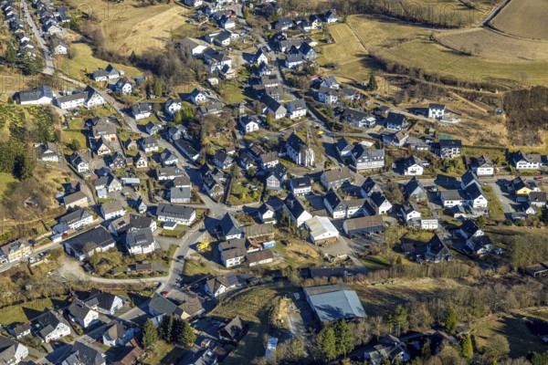 Aerial view, residential area town centre with catholic church St. Katharina Heinsberg, Kirchhundem, Sauerland, North Rhine-Westphalia, Germany, place of worship, DE, Europe, place of worship, property tax, holy place, real estate, church, parish, aerial view, aerial photography, aerial photography, religion, overview, bird's eye view, residential complex, living and life, residential area, residential quality, residential quarter, housing estate, residential area, birds-eyes view, overview