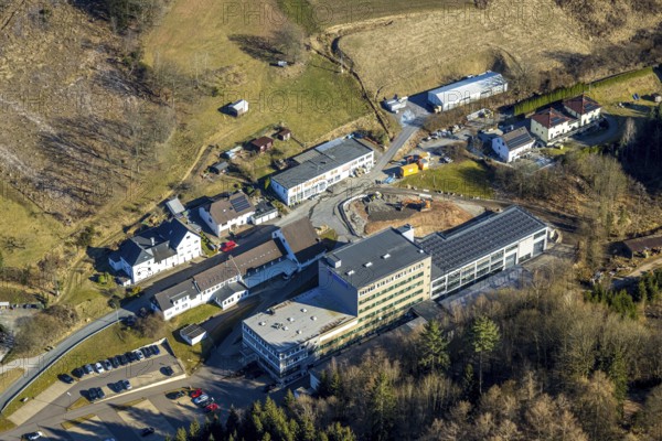 Aerial view, Burgweg industrial estate with Bals Elektrotechnik GmbH electrical appliance supplier, construction site, Albaum, Kirchhundem, Sauerland, North Rhine-Westphalia, Germany, construction work, construction area, building site, building plots, construction measure, construction project, DE, Europe, commercial enterprises, commercial area, commercial property, commercial site, commercial use, industrial area, industrial site, aerial photograph, aerial photography, aerial photography, overview, bird's eye view, birds-eyes view, overview