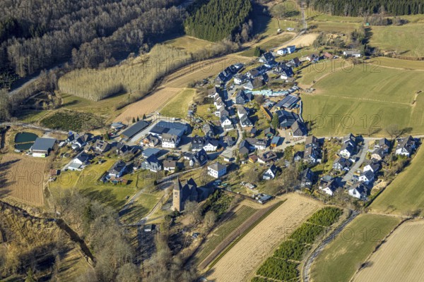 Aerial view, new residential area, local view Heisberg Albaum with church Herz-Jesu Albaum, Kirchhundem, Sauerland, North Rhine-Westphalia, Germany, place of worship, DE, Europe, place of worship, property tax, holy place, real estate, church, parish, aerial view, aerial photography, aerial photography, religion, overview, bird's eye view, residential complex, living and life, residential area, residential quality, residential neighbourhood, housing estate, residential area, bird's eye view, overview