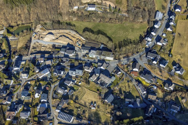 Aerial photo, construction site, construction area at the State Office for Nature, Environment and Consumer Protection North Rhine-Westphalia Fisheries Ecology and Aquaculture in Albaum, Kirchhundem, Sauerland, North Rhine-Westphalia, Germany, construction work, construction area, building site, building plots, construction measure, construction project, construction site, DE, Europe, research institute, aerial photograph, aerial photography, aerial photography, overview, bird's-eye view, bird's-eye view, overview