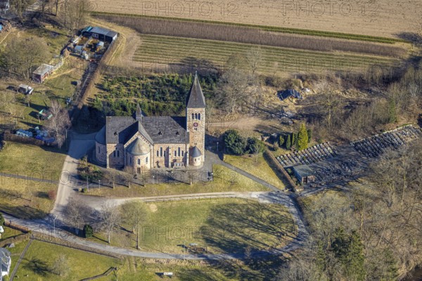 Aerial view, parish church Herz-Jesu Albaum Albaum, Kirchhundem, Sauerland, North Rhine-Westphalia, Germany, place of worship, DE, Europe, place of worship, holy place, church, parish, aerial photograph, aerial photography, aerial photography, religion, overview, bird's eye view, birds-eyes view, overview
