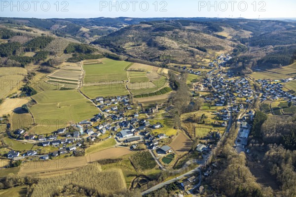 Aerial view, new residential area, local view Heisberg Albaum with Herz-Jesu church, wooded area, hilly landscape with forest damage, Albaum, Kirchhundem, Sauerland, North Rhine-Westphalia, Germany, place of worship, DE, Europe, place of worship, property tax, holy place, real estate, church, parish, aerial photograph, aerial photography, aerial photography, religion, overview, bird's-eye view, residential complex, living and living, residential area, residential quality, residential neighbourhood, housing estate, residential area, birds-eyes view, overview