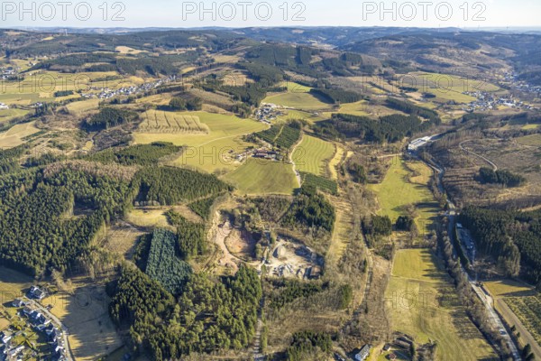 Aerial view, quarry Behle Naturstein, forest area and distant view, Würdinghausen, Kirchhundem, Sauerland, North Rhine-Westphalia, Germany, DE, Europe, aerial view, aerial photography, aerial photography, overview, bird's-eye view, overview