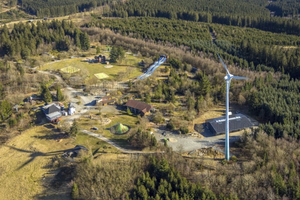 Aerial view, Panorama Park Sauerland, amusement park with attractions, Wellenreiter Rutsche, Rinsecke, Kirchhundem, Sauerland, North Rhine-Westphalia, Germany, DE, Europe, leisure activity, leisure facility, leisure area, leisure activities, leisure park, leisure enjoyment, leisure centre, aerial view, aerial photography, aerial photography, park, overview, bird's-eye view, overview