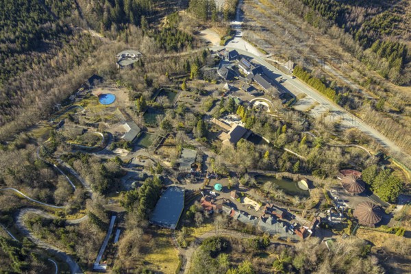 Aerial view, Panorama Park Sauerland, amusement park with attractions, Rinsecke, Kirchhundem, Sauerland, North Rhine-Westphalia, Germany, DE, Europe, leisure activity, leisure facility, leisure area, leisure activities, leisure park, leisure enjoyment, leisure centre, aerial view, aerial photography, aerial photography, park, overview, bird's-eye view, overview