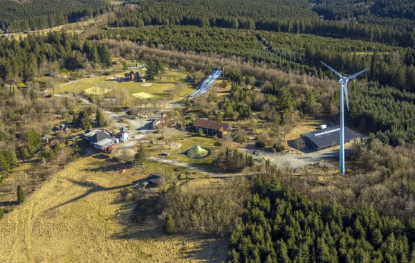 Aerial view, Panorama Park Sauerland, amusement park with attractions, Wellenreiter Rutsche, Rinsecke, Kirchhundem, Sauerland, North Rhine-Westphalia, Germany, DE, Europe, leisure activity, leisure facility, leisure area, leisure activities, leisure park, leisure enjoyment, leisure centre, aerial view, aerial photography, aerial photography, park, overview, bird's-eye view, overview