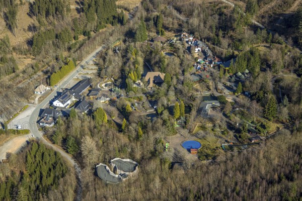 Aerial view, Panorama Park Sauerland, amusement park with attractions, Rinsecke, Kirchhundem, Sauerland, North Rhine-Westphalia, Germany, DE, Europe, leisure activity, leisure facility, leisure area, leisure activities, leisure park, leisure enjoyment, leisure centre, aerial view, aerial photography, aerial photography, park, overview, bird's-eye view, overview