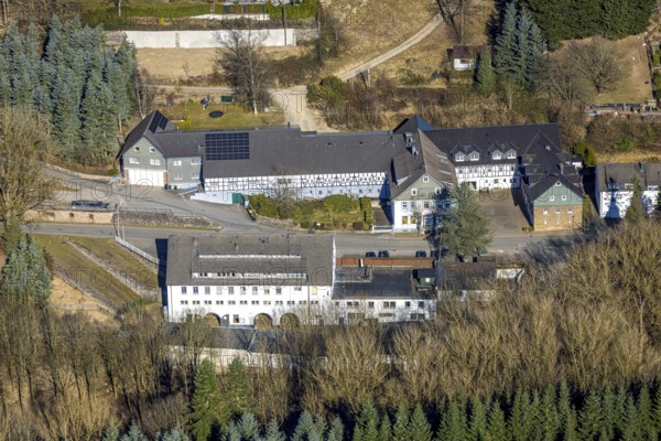 Aerial view, half-timbered building Rinsecker Straße 2-9, Rinsecke, Kirchhundem, Sauerland, North Rhine-Westphalia, Germany, DE, Europe, aerial view, aerial photography, aerial photography, overview, bird's-eye view, overview