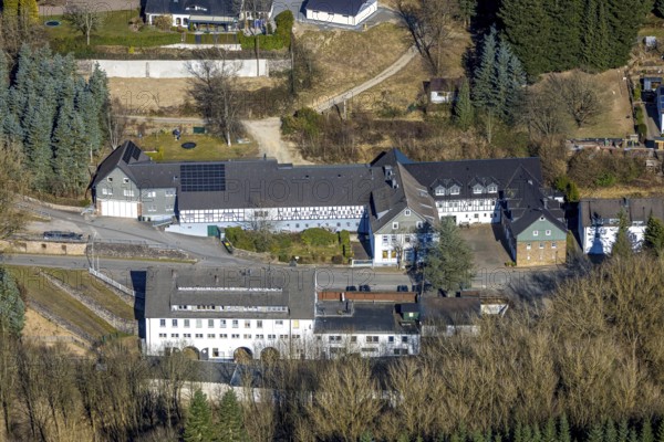 Aerial view, half-timbered building Rinsecker Straße 2-9, Rinsecke, Kirchhundem, Sauerland, North Rhine-Westphalia, Germany, DE, Europe, aerial view, aerial photography, aerial photography, overview, bird's-eye view, overview