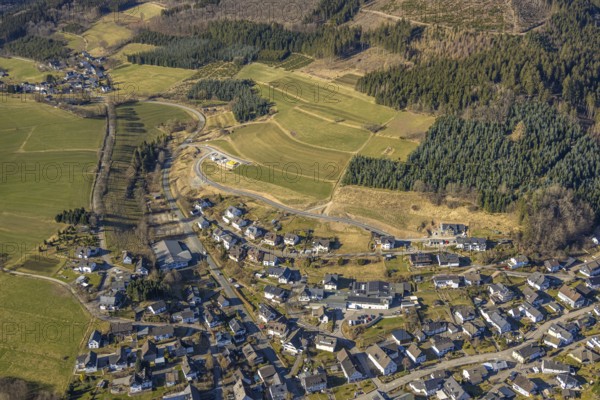 Aerial view, construction site with new road construction Am Hesternberg, meadows and fields with hilly landscape, Oberhundem, Kirchhundem, Sauerland, North Rhine-Westphalia, Germany, construction work, construction area, building site, building plots, construction project, construction site, DE, Europe, aerial view, aerial photography, aerial photography, overview, bird's-eye view, bird's-eye view, overview