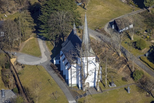 Aerial view, catholic church St. Lambertus, Oberhundem, Kirchhundem, Sauerland, North Rhine-Westphalia, Germany, place of worship, DE, Europe, place of worship, holy place, church, parish, aerial view, aerial photography, aerial photography, religion, overview, bird's eye view, birds-eyes view, overview