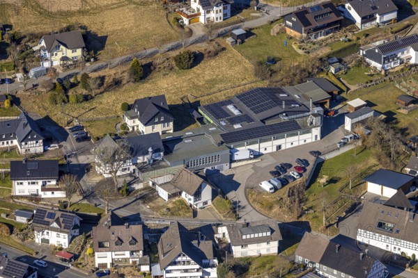 Aerial view, Heinrich Rameil GmbH carpentry business, residential area local view Oberhundem, Kirchhundem, Sauerland, North Rhine-Westphalia, Germany, DE, Europe, property tax, real estate, aerial view, aerial photography, aerial photography, overview, bird's-eye view, residential complex, living and life, residential area, residential quality, residential neighbourhood, housing estate, residential district, birds-eyes view, overview