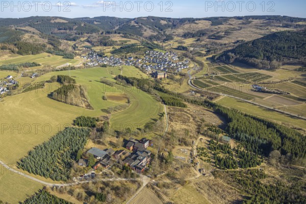 Aerial view, Hotel Carpe Diem, forest area hilly landscape with forest damage, view to Oberhundem and Adolphsburg, Schwartmecke, Kirchhundem, Sauerland, North Rhine-Westphalia, Germany, DE, Europe, inn, gastronomy, hotel, hotel facilities, hotel business, aerial view, aerial photography, aerial photography, aerial photography, overview, accommodation, bird's eye view, birds-eyes view, overview