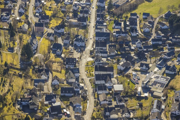 Aerial view, town centre residential area Oberhundem, Kirchhundem, Sauerland, North Rhine-Westphalia, Germany, DE, Europe, property tax, real estate, aerial view, aerial photography, aerial photography, overview, bird's-eye view, residential complex, living and life, residential area, residential quality, residential quarter, housing estate, residential district, birds-eyes view, overview