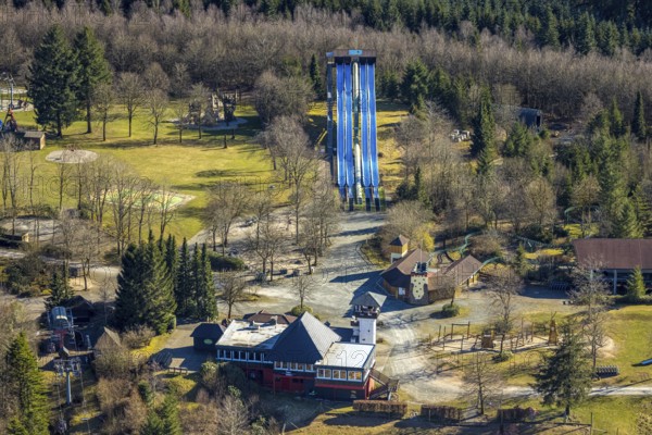 Aerial view, Panorama Park Sauerland, amusement park with attractions, Wellenreiter Rutsche, Rinsecke, Kirchhundem, Sauerland, North Rhine-Westphalia, Germany, DE, Europe, leisure activity, leisure facility, leisure area, leisure activities, leisure park, leisure enjoyment, leisure centre, aerial view, aerial photography, aerial photography, park, overview, bird's-eye view, overview