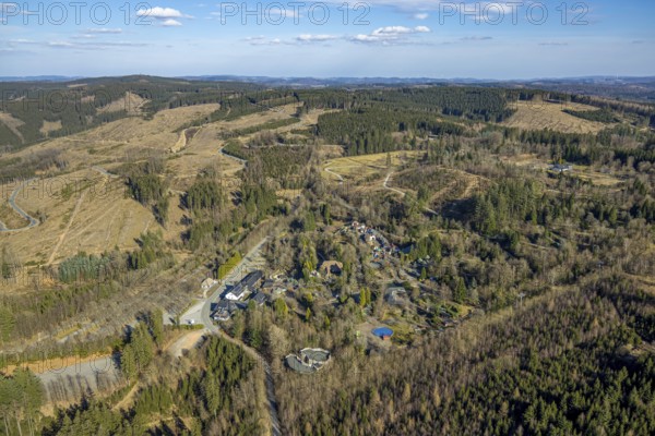Aerial view, Panorama Park Sauerland, amusement park with attractions, Rinsecke, Kirchhundem, Sauerland, North Rhine-Westphalia, Germany, DE, Europe, leisure activity, leisure facility, leisure area, leisure activities, leisure park, leisure enjoyment, leisure centre, aerial view, aerial photography, aerial photography, park, overview, bird's-eye view, overview