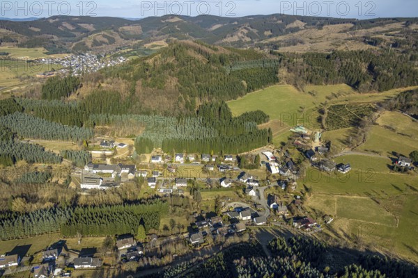 Aerial view, residential area, local view Marmecke, forest area, hilly landscape with forest damage, Marmecke, Kirchhundem, Sauerland, North Rhine-Westphalia, Germany, DE, Europe, property tax, real estate, aerial view, aerial photography, aerial photography, overview, bird's-eye view, residential complex, living and living, residential area, residential quality, residential neighbourhood, housing estate, residential area, birds-eyes view, overview