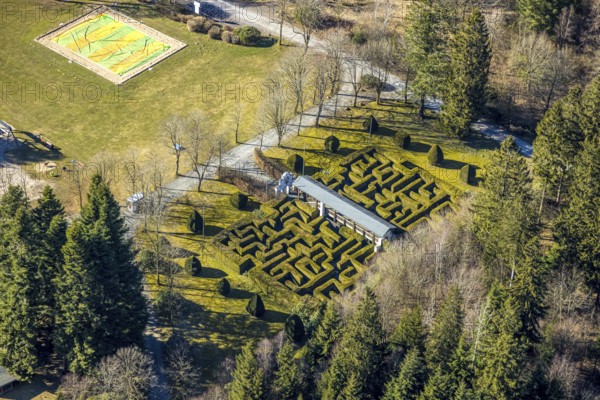Aerial view, Panorama Park Sauerland, leisure park with attractions, park maze, Rinsecke, Kirchhundem, Sauerland, North Rhine-Westphalia, Germany, DE, Europe, leisure activity, leisure facility, leisure area, leisure activities, leisure park, leisure enjoyment, leisure centre, aerial view, aerial photography, aerial photography, park, overview, bird's-eye view, overview