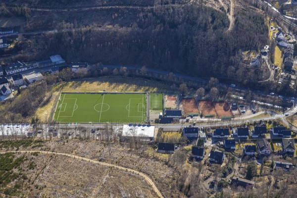 Aerial photo, football stadium sports field FC Kirchhundem and tennis courts TC Rot-Weiß Kirchhundem e.V., Kirchhundem, Sauerland, North Rhine-Westphalia, Germany, DE, Europe, football field, football stadium, aerial photo, aerial photography, aerial photography, sports, sports facilities, sports field, sports facility, stadium, tennis, tennis facility, tennis courts, tennis club, overview, bird's-eye view, overview