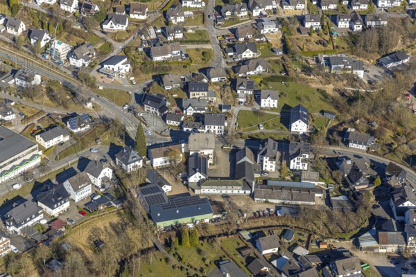 Aerial view, town centre residential area Würdinghausen, Kirchhundem, Sauerland, North Rhine-Westphalia, Germany, DE, Europe, property tax, real estate, aerial view, aerial photography, aerial photography, overview, bird's-eye view, residential complex, living and life, residential area, residential quality, residential quarter, housing estate, residential district, birds-eyes view, overview