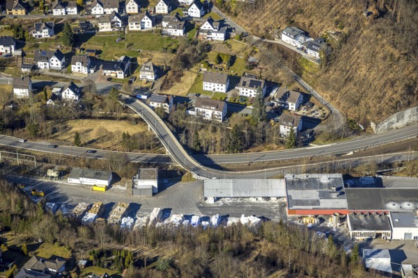 Aerial view, town view and curved Antoniusstraße with bridge over the federal road B517 in Hofolpe, Kirchhundem, Sauerland, North Rhine-Westphalia, Germany, DE, Europe, aerial view, aerial photography, aerial photography, overview, bird's-eye view, overview