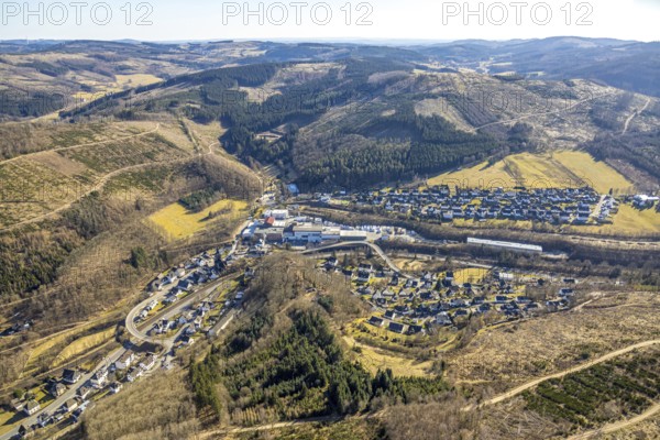Aerial view, town view and curved Antoniusstraße with bridge over the federal road B517 in Hofolpe, Kirchhundem, Sauerland, North Rhine-Westphalia, Germany, DE, Europe, aerial view, aerial photography, aerial photography, overview, bird's-eye view, overview