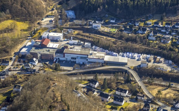Aerial view, Grünewald Papier factory premises, view of the village and curved Antoniusstraße with bridge over the federal road B517 in Hofolpe, Kirchhundem, Sauerland, North Rhine-Westphalia, Germany, DE, Europe, aerial view, aerial photography, aerial photography, overview, bird's-eye view, overview