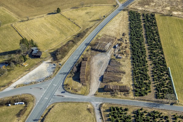 Aerial view, lumberyard at the state road L728, Brachthausen, Kirchhundem, Sauerland, North Rhine-Westphalia, Germany, DE, Europe, aerial view, aerial photography, aerial photography, overview, bird's-eye view, overview