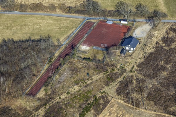 Aerial view, sports field and running track, Alter Kirchweg, Kirchhundem, Sauerland, North Rhine-Westphalia, Germany, DE, Europe, football pitch, aerial view, aerial photography, aerial photography, sports, sports facilities, sports field, sports venue, stadium, overview, bird's-eye view, overview