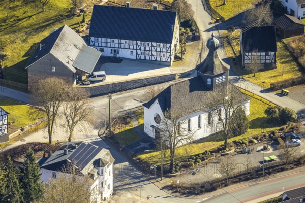 Aerial view, church and chapel St. Johannes Baptist, Flape, Kirchhundem, Sauerland, North Rhine-Westphalia, Germany, place of worship, DE, Europe, place of worship, holy place, church, parish, aerial photograph, aerial photography, aerial photography, religion, overview, bird's-eye view, overview