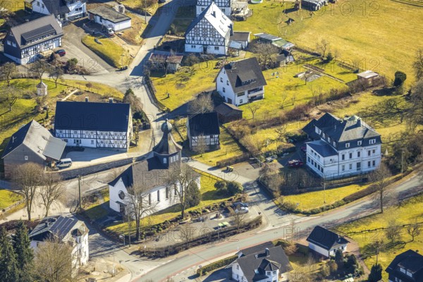 Aerial view, church and chapel of St. Johannes Baptist in the town centre, Flape, Kirchhundem, Sauerland, North Rhine-Westphalia, Germany, place of worship, DE, Europe, place of worship, holy place, church, parish, aerial view, aerial photography, aerial photography, religion, overview, bird's-eye view, overview