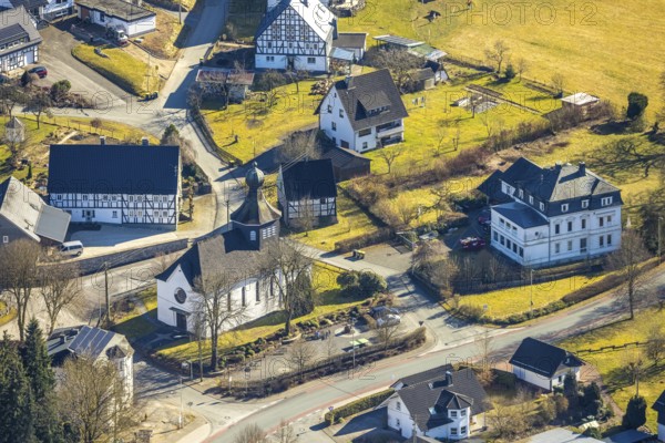 Aerial view, church and chapel of St. Johannes Baptist in the town centre, Flape, Kirchhundem, Sauerland, North Rhine-Westphalia, Germany, place of worship, DE, Europe, place of worship, holy place, church, parish, aerial view, aerial photography, aerial photography, religion, overview, bird's-eye view, overview